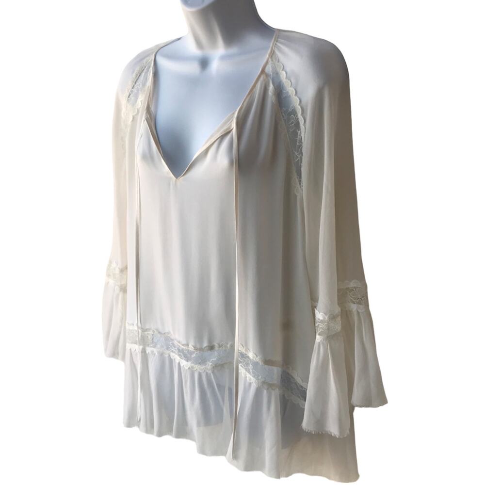 Alice + Olivia White Sheer Silk "Poets Blouse" with Lace, Bell Sleeves size XS - Picture 4 of 10